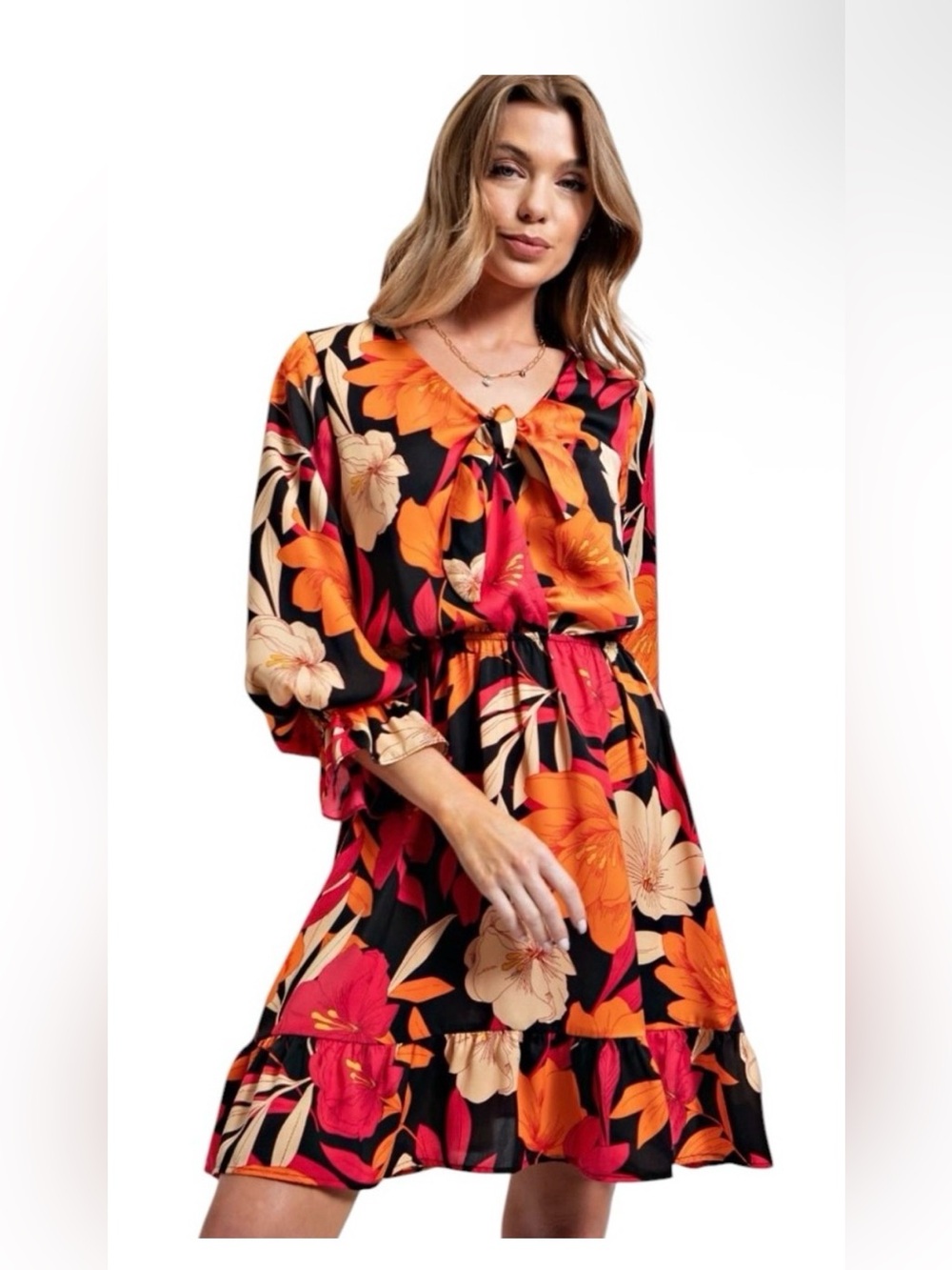 Easel Floral Tie-Front A-Line Dress in Black and Orange